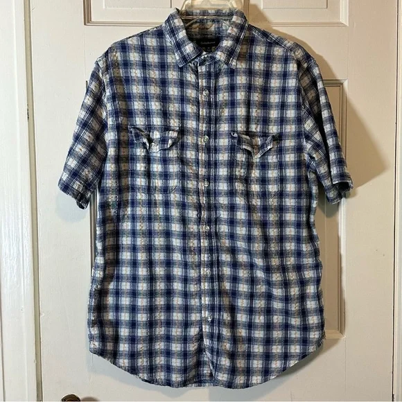 Short Sleeve Blue Checked Cotton Button Down - Picture 2 of 10
